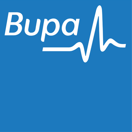 Bup logo, blue background with white text and ECG line
